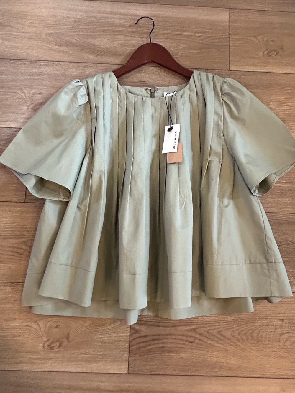 Pleated Short Sleeve Blouse in Sage Green
